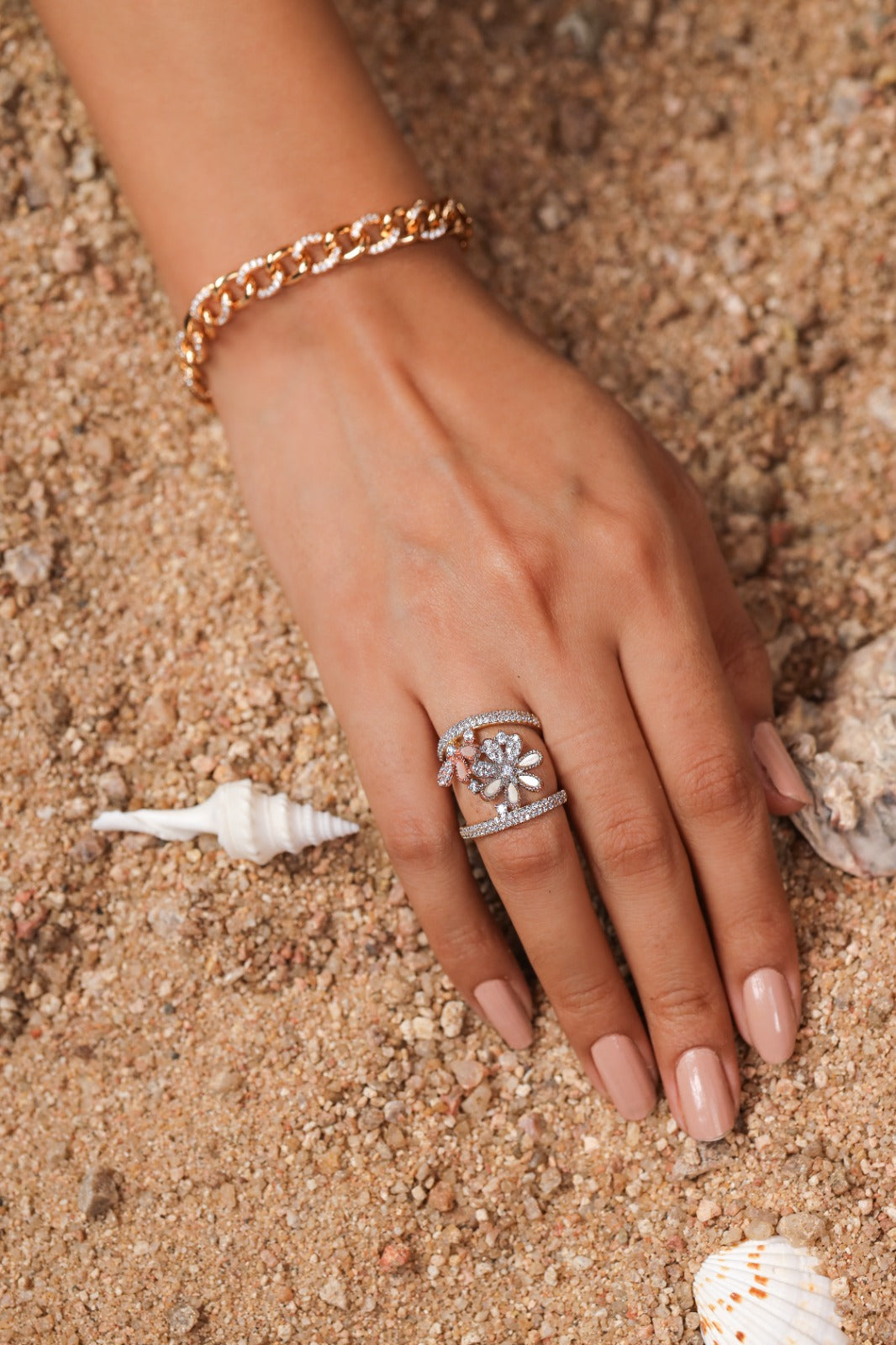 Dual Floral and Stone Ring