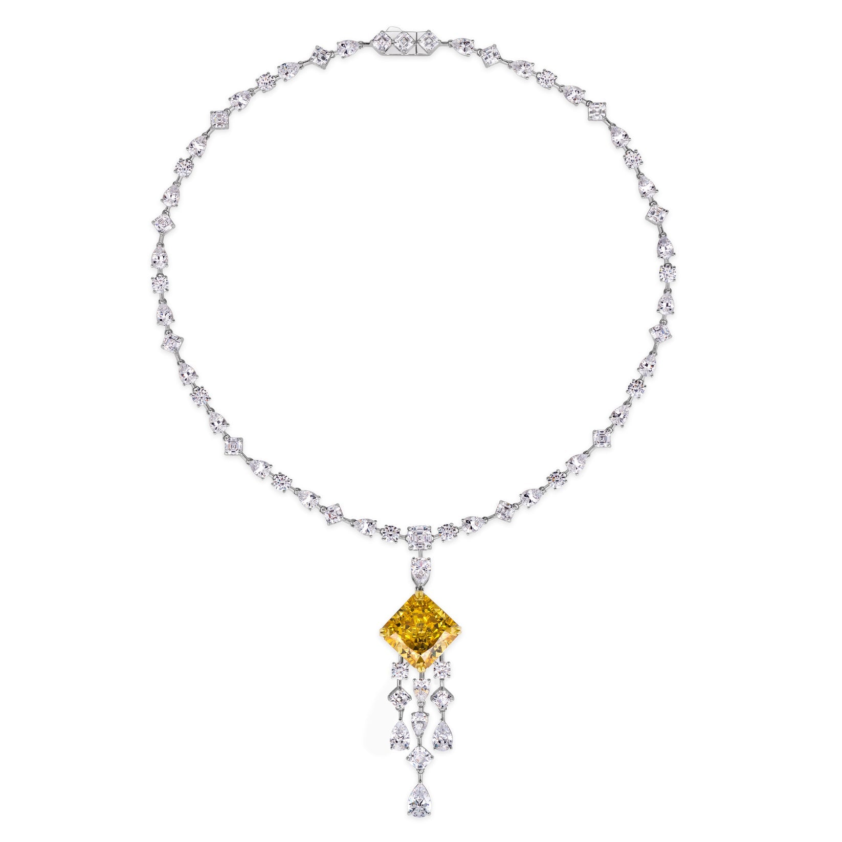 Cushion‑Cut Yellow Diamond Pendant with Diamond Tassels