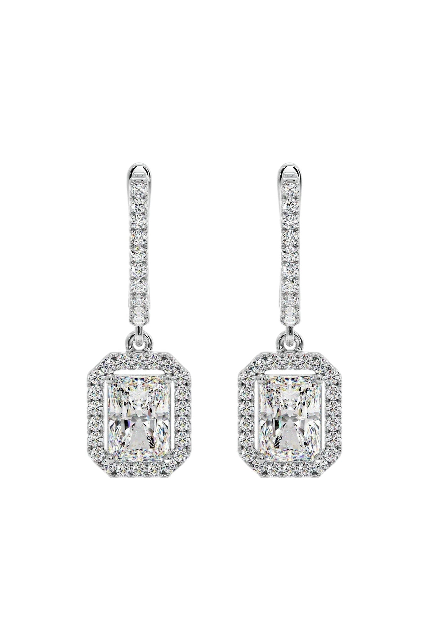 Emerald Cut Halo Drop Earrings