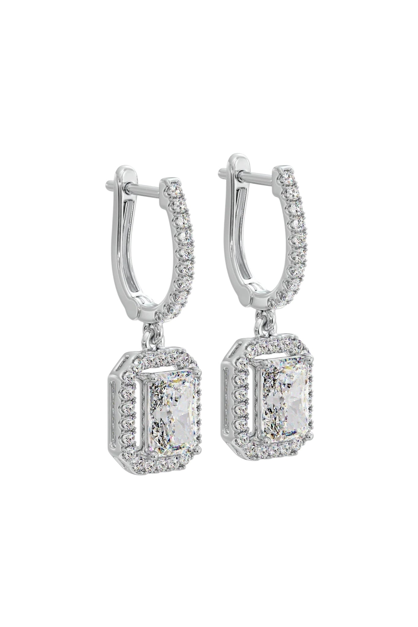 Emerald Cut Halo Drop Earrings