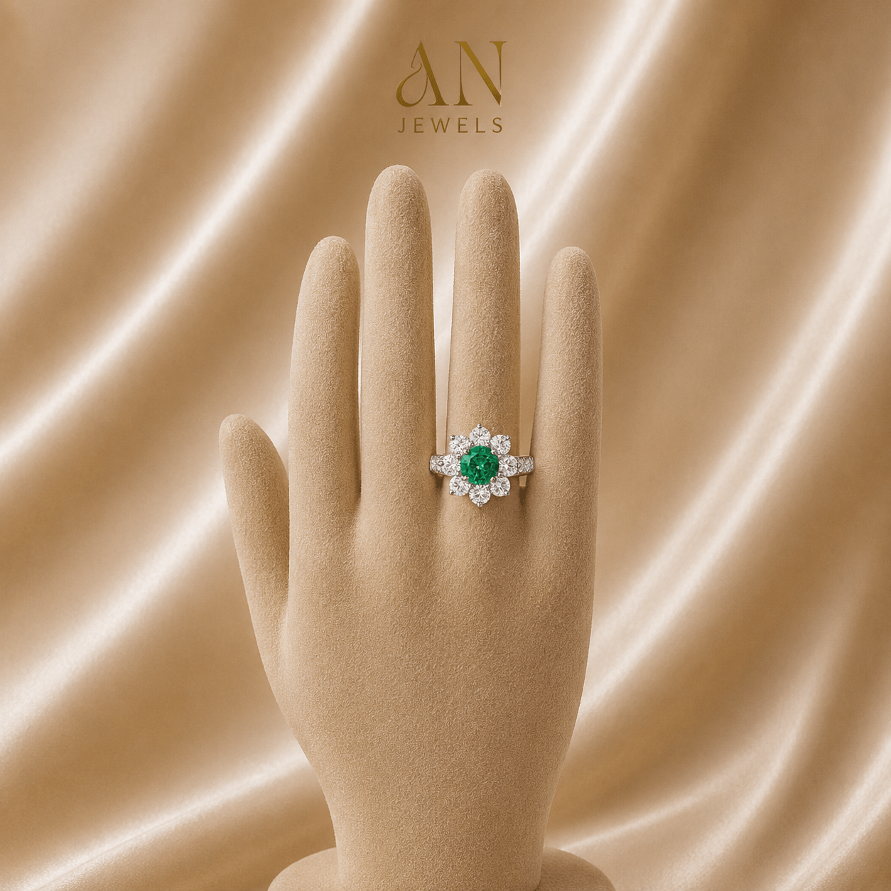Emerald and Diamond Flower Ring