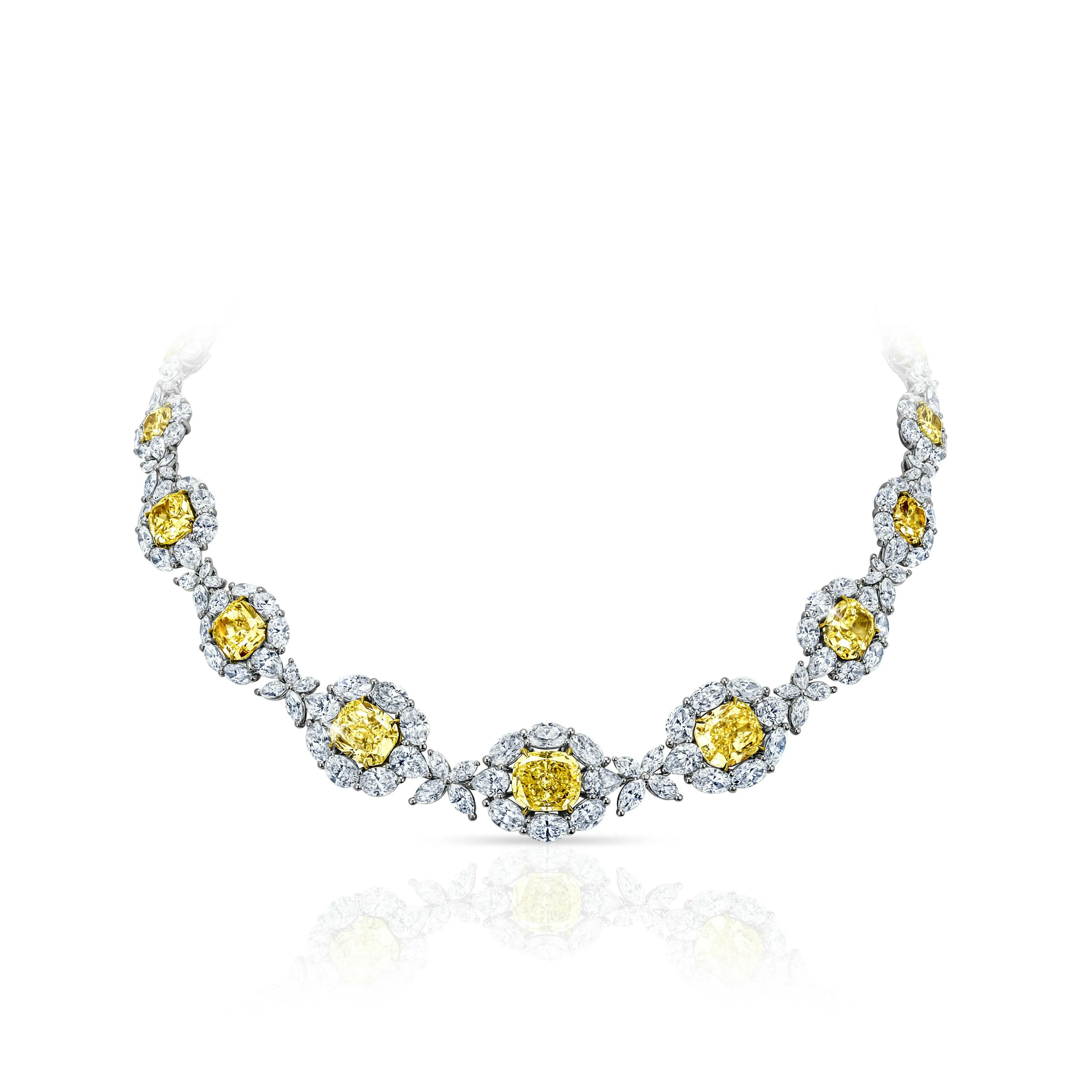 Yellow Diamond Halo Cluster Necklace